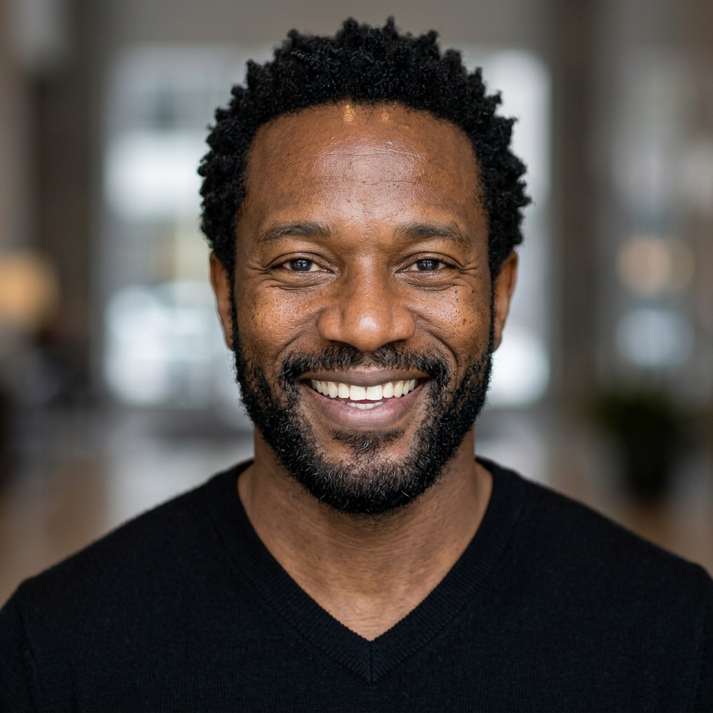 Corporate Lobby · Black v-neck sweater headshot example