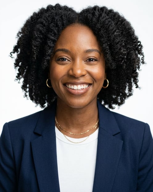 White / Pure White Studio · Open navy blazer over simple white tee headshot example