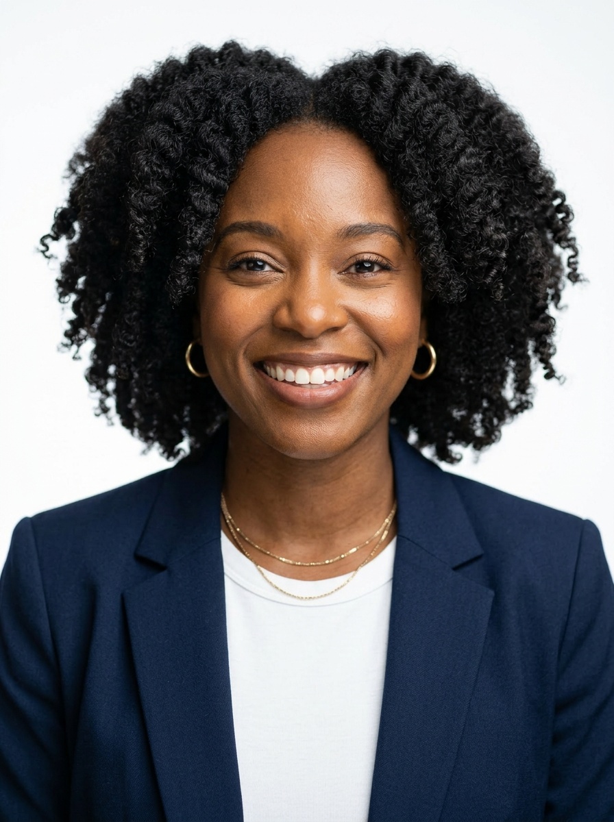 Professional AI LinkedIn headshot in Open navy blazer over simple white tee (tech-casual) on White / Pure White Studio