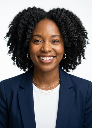 Professional AI LinkedIn headshot in Open navy blazer over simple white tee (tech-casual) on White / Pure White Studio