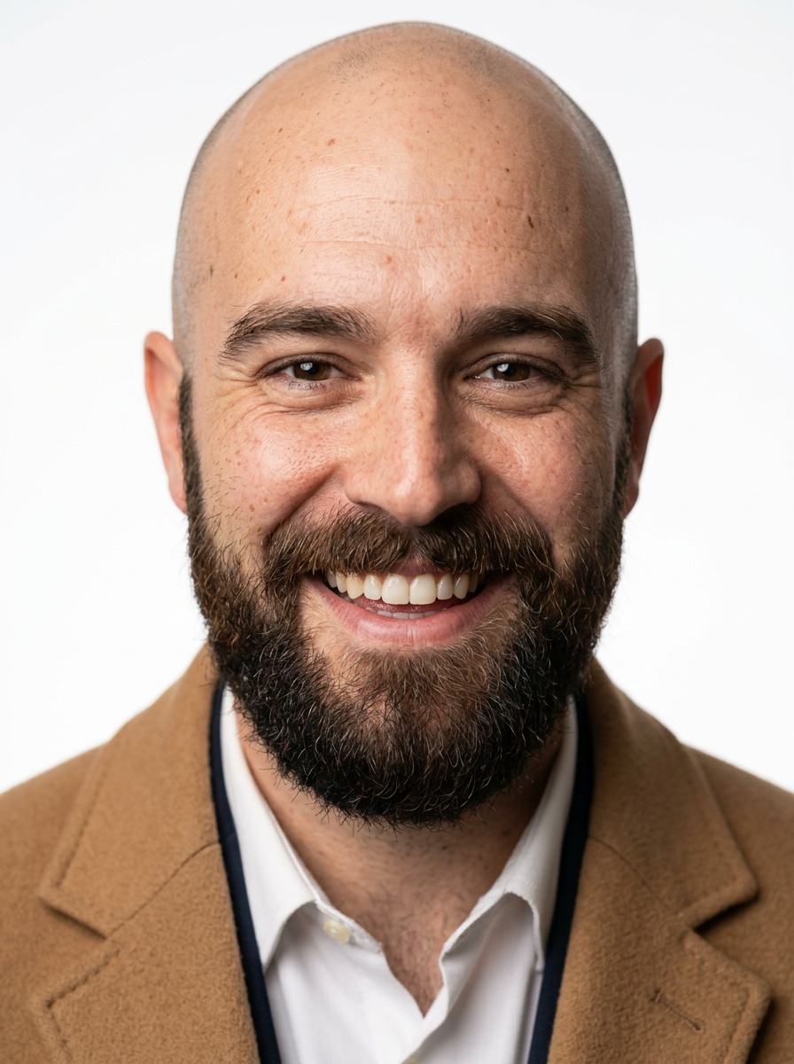 Professional AI LinkedIn headshot in Camel overcoat on White / Pure White Studio