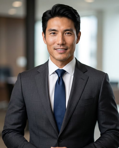 Mid Grey Seamless Studio · Firm Uniform Dark Suit headshot example