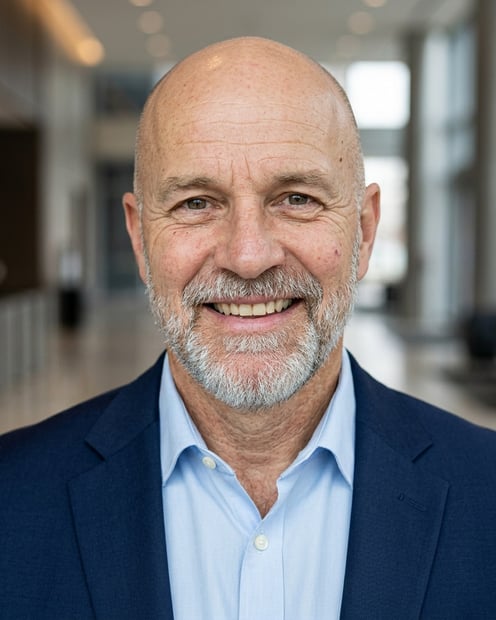 Lobby · Navy blazer with light blue shirt headshot example