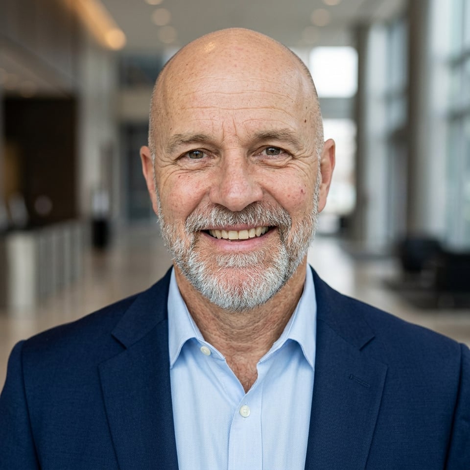 Professional AI LinkedIn headshot in Navy blazer with light blue shirt on Lobby (corporate lobby)