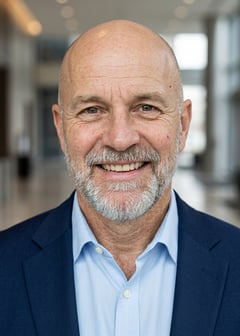 Professional AI LinkedIn headshot in Navy blazer with light blue shirt on Lobby (corporate lobby)