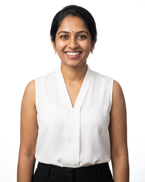 White / Pure White Studio · Black tailored trousers + white blouse headshot example
