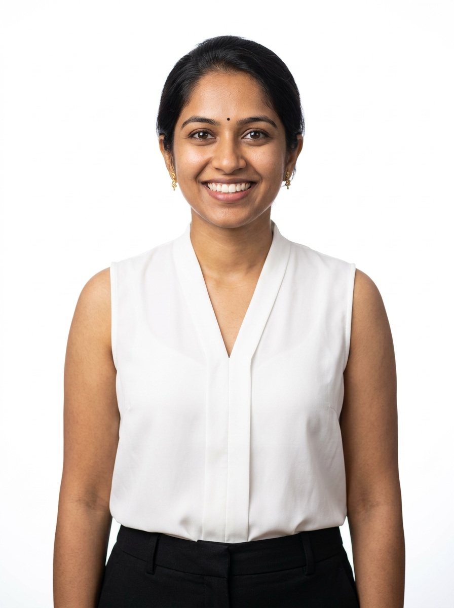 Professional AI LinkedIn headshot in Black tailored trousers + white blouse (sleeveless neckline) on White / Pure White Studio