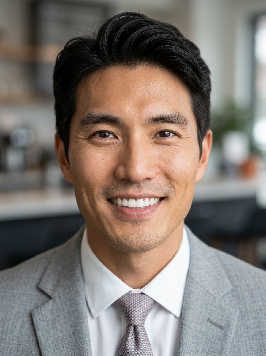 Professional AI LinkedIn headshot in Light gray blazer on Cafe (warm professional)