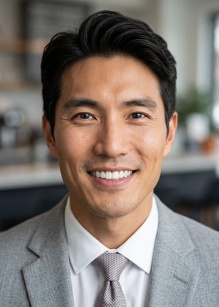 Professional AI LinkedIn headshot in Light gray blazer on Cafe (warm professional)