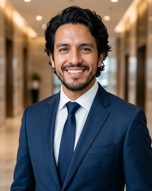 Lobby · Dark blue tailored suit headshot example