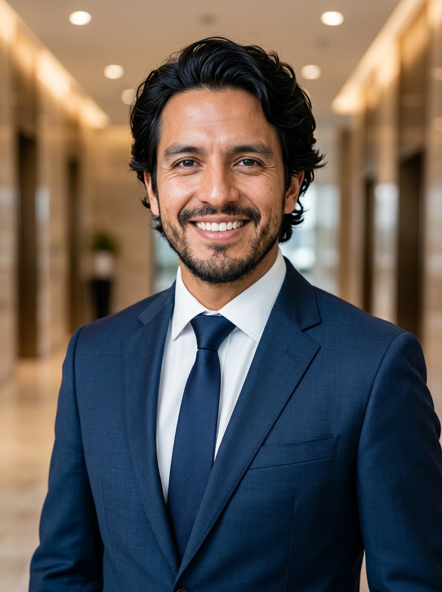 Professional AI LinkedIn headshot in Dark blue tailored suit on Lobby (corporate lobby)