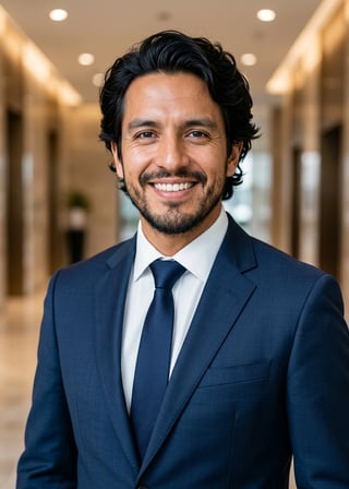 Professional AI LinkedIn headshot in Dark blue tailored suit on Lobby (corporate lobby)
