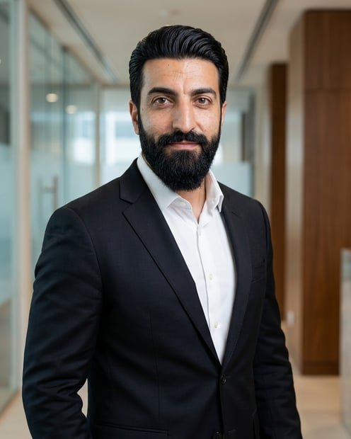 Minimal Office Corridor · Black Blazer Tonal headshot example