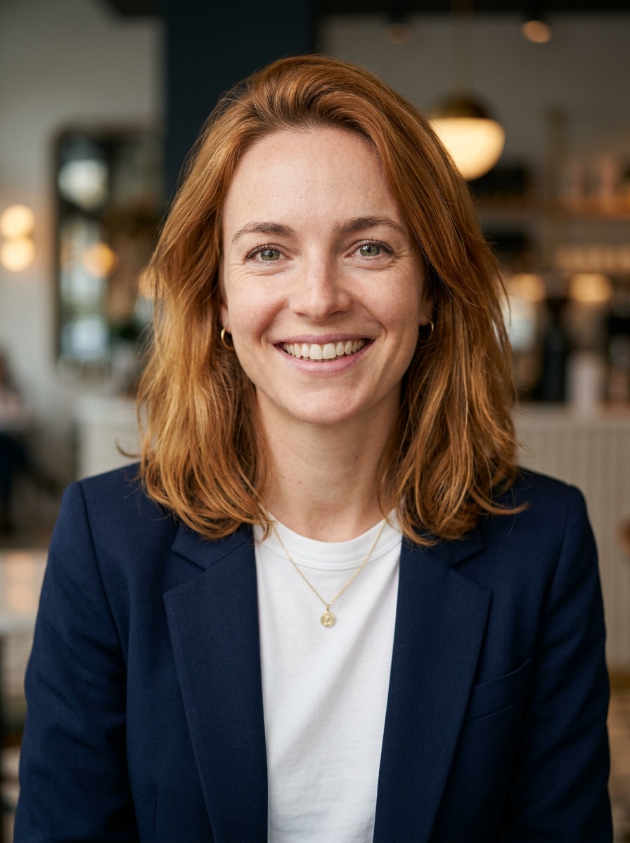 Professional AI LinkedIn headshot in Open navy blazer over simple white tee (tech-casual) on Cafe (warm professional)