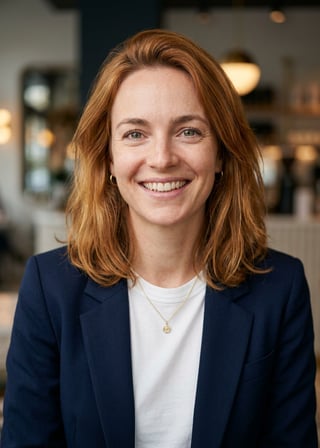 Professional AI LinkedIn headshot in Open navy blazer over simple white tee (tech-casual) on Cafe (warm professional)