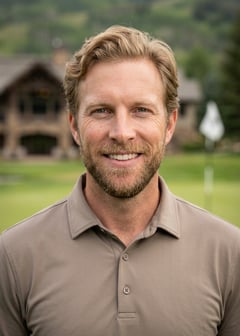 Professional AI LinkedIn headshot in Golf Attire on High End Mountain Golf Course By Clubhouse