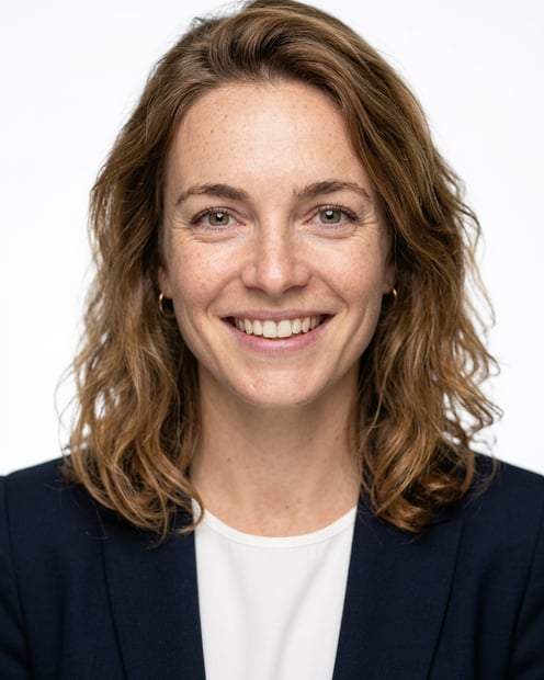 White / Pure White Studio · Navy tailored suit headshot example