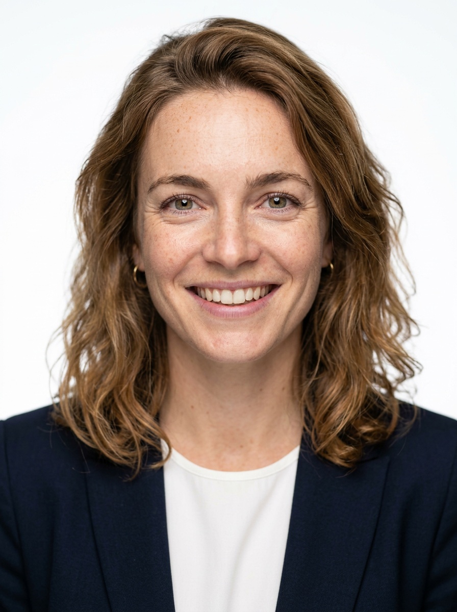 Professional AI LinkedIn headshot in Navy tailored suit on White / Pure White Studio