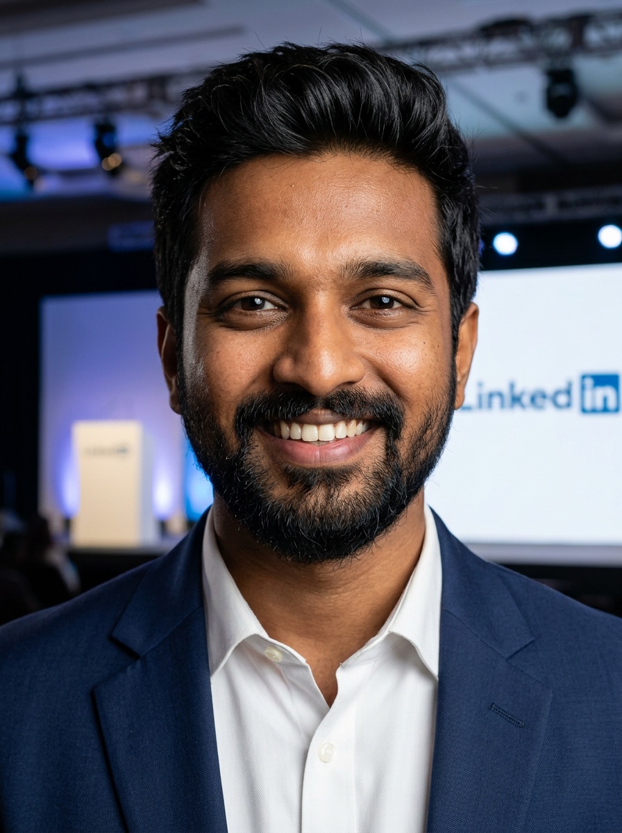 Professional AI LinkedIn headshot in Navy tailored suit on Public Speaking Stage