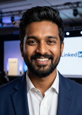 Professional AI LinkedIn headshot in Navy tailored suit on Public Speaking Stage
