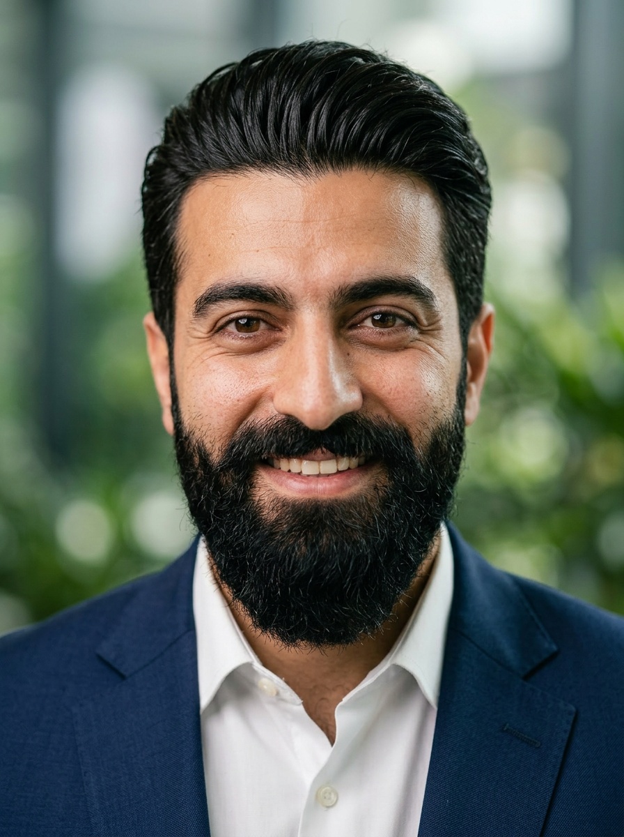 Professional AI LinkedIn headshot in Navy tailored suit on Garden / Lush Greenery