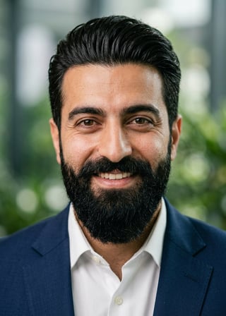 Professional AI LinkedIn headshot in Navy tailored suit on Garden / Lush Greenery