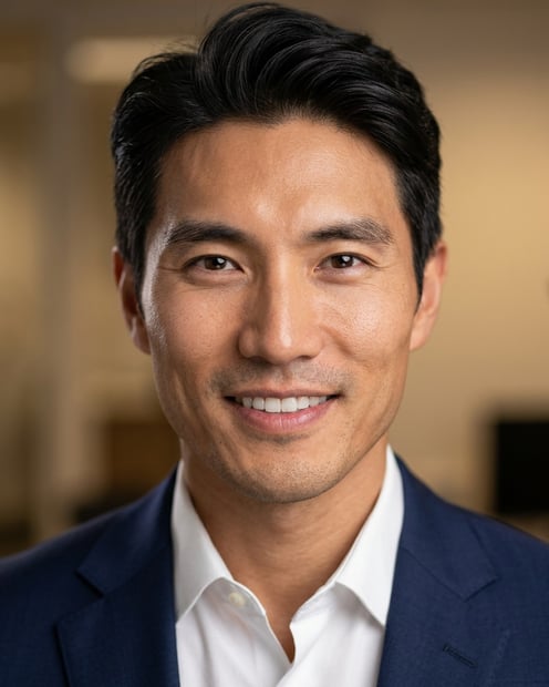 Cafe · Navy tailored suit headshot example