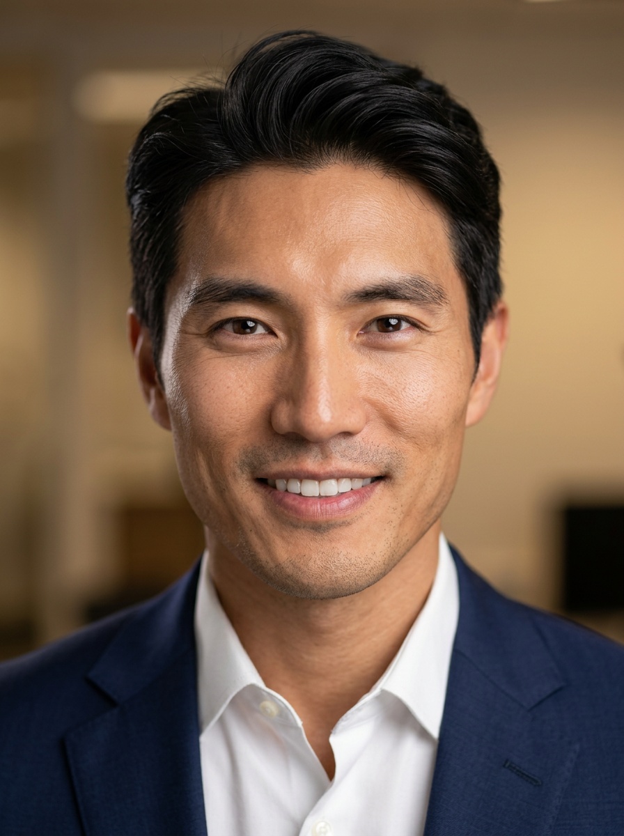 Professional AI LinkedIn headshot in Navy tailored suit on Cafe (warm professional)