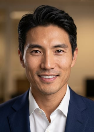 Professional AI LinkedIn headshot in Navy tailored suit on Cafe (warm professional)