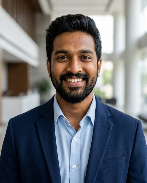 Lobby · Navy blazer with light blue shirt headshot example