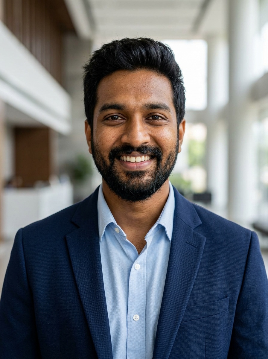 Professional AI LinkedIn headshot in Navy blazer with light blue shirt on Lobby (corporate lobby)
