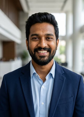 Professional AI LinkedIn headshot in Navy blazer with light blue shirt on Lobby (corporate lobby)