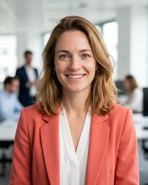 Office / Modern Office Workspace · Coral blazer over white blouse headshot example