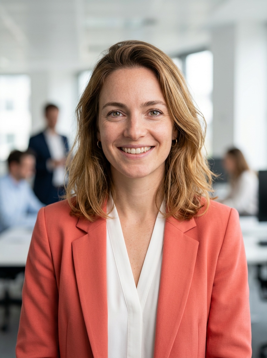 Professional AI LinkedIn headshot in Coral blazer over white blouse on Office / Modern Office Workspace