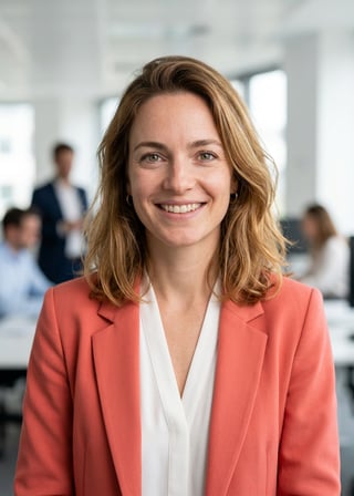 Professional AI LinkedIn headshot in Coral blazer over white blouse on Office / Modern Office Workspace