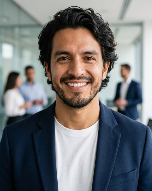 Office / Modern Office Workspace · Open navy blazer over simple white tee headshot example