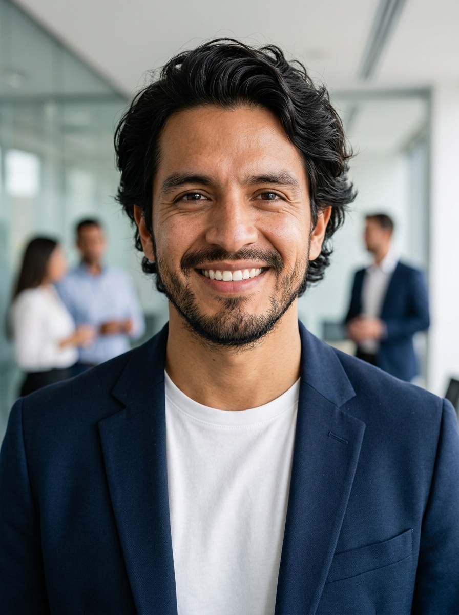 Professional AI LinkedIn headshot in Open navy blazer over simple white tee (tech-casual) on Office / Modern Office Workspace