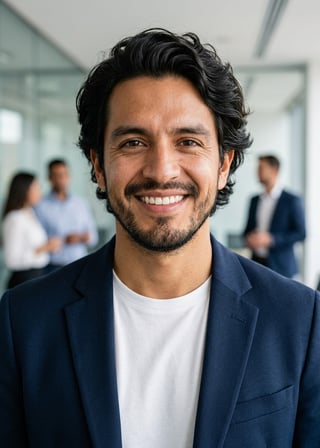 Professional AI LinkedIn headshot in Open navy blazer over simple white tee (tech-casual) on Office / Modern Office Workspace