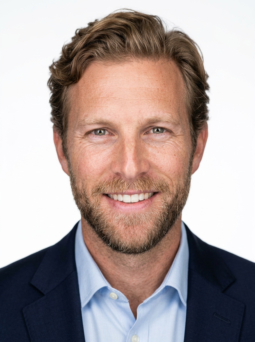 Professional AI LinkedIn headshot in Navy blazer with light blue shirt on White / Pure White Studio