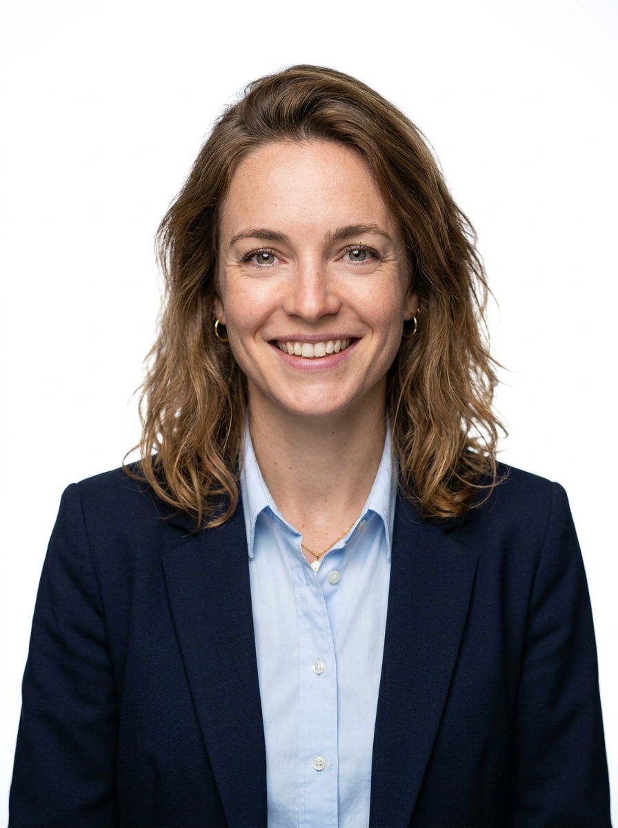 Professional AI LinkedIn headshot in Navy blazer with light blue shirt on White / Pure White Studio
