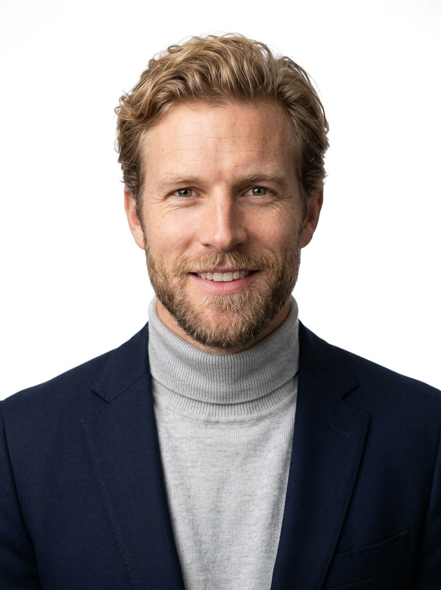 Professional AI LinkedIn headshot in Light gray ribbed turtleneck on White / Pure White Studio