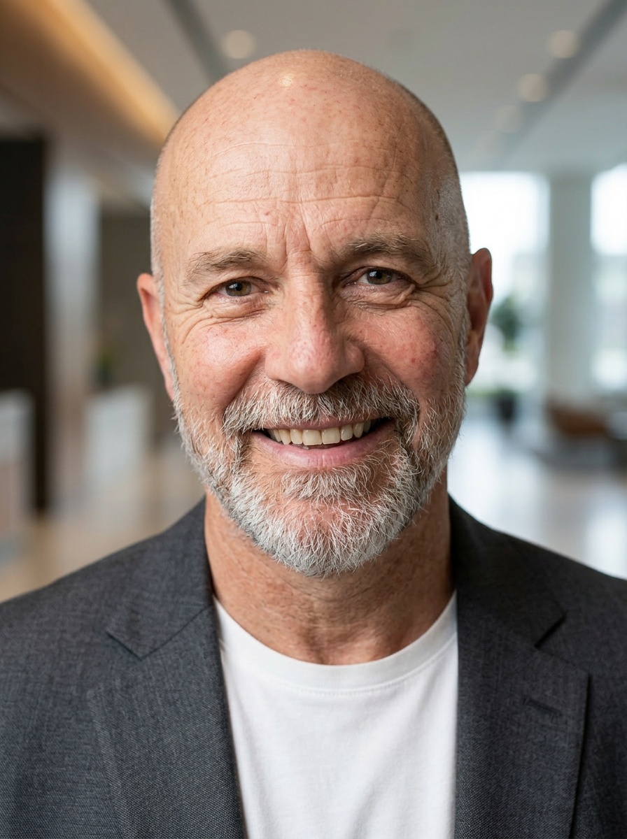 Professional AI LinkedIn headshot in Charcoal gray open blazer over white tee on Lobby (corporate lobby)