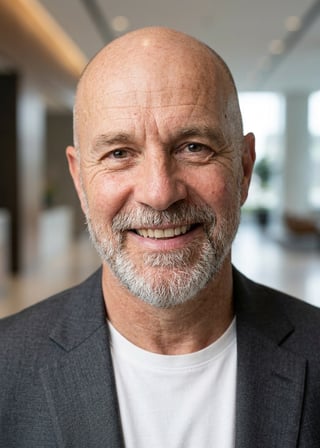 Professional AI LinkedIn headshot in Charcoal gray open blazer over white tee on Lobby (corporate lobby)
