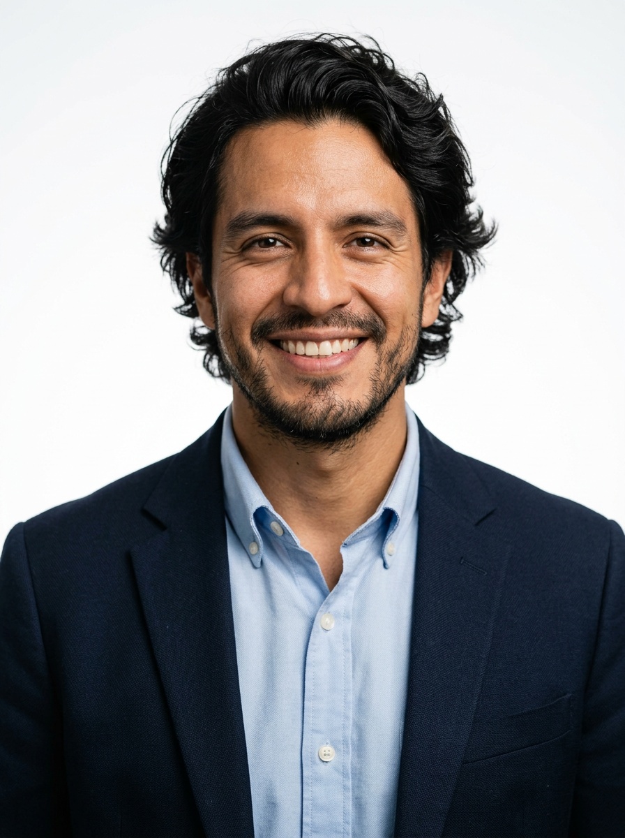 Professional AI LinkedIn headshot in Navy blazer with light blue shirt on White / Pure White Studio