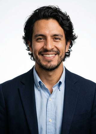 Professional AI LinkedIn headshot in Navy blazer with light blue shirt on White / Pure White Studio