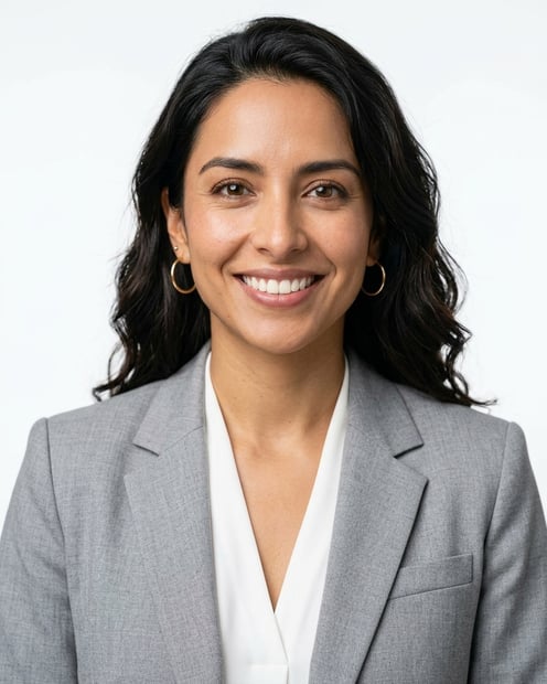 White / Pure White Studio · Light gray suit ensemble headshot example