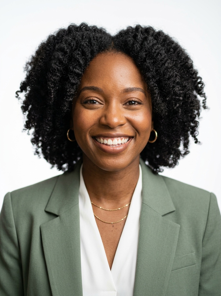 Professional AI LinkedIn headshot in Sage green blazer with white blouse (2026 trend) on White / Pure White Studio