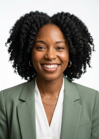 Professional AI LinkedIn headshot in Sage green blazer with white blouse (2026 trend) on White / Pure White Studio