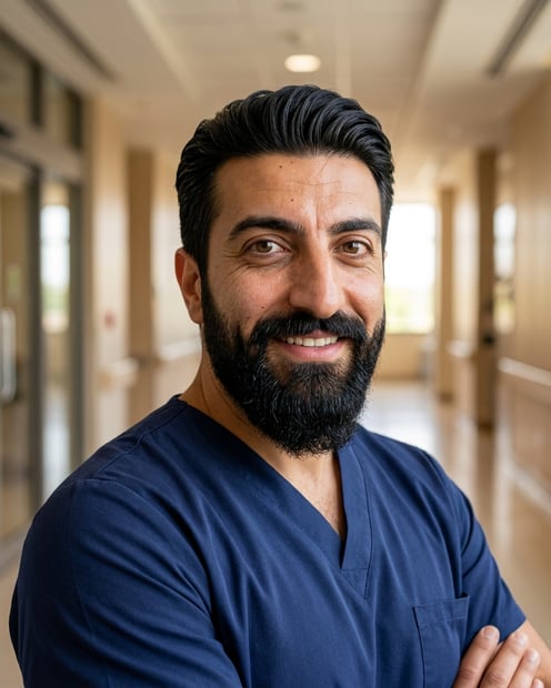 Clean ICU Corridor · Navy Nursing Scrubs headshot example