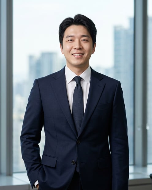 City Window Skyline · Navy Blazer Open Collar headshot example